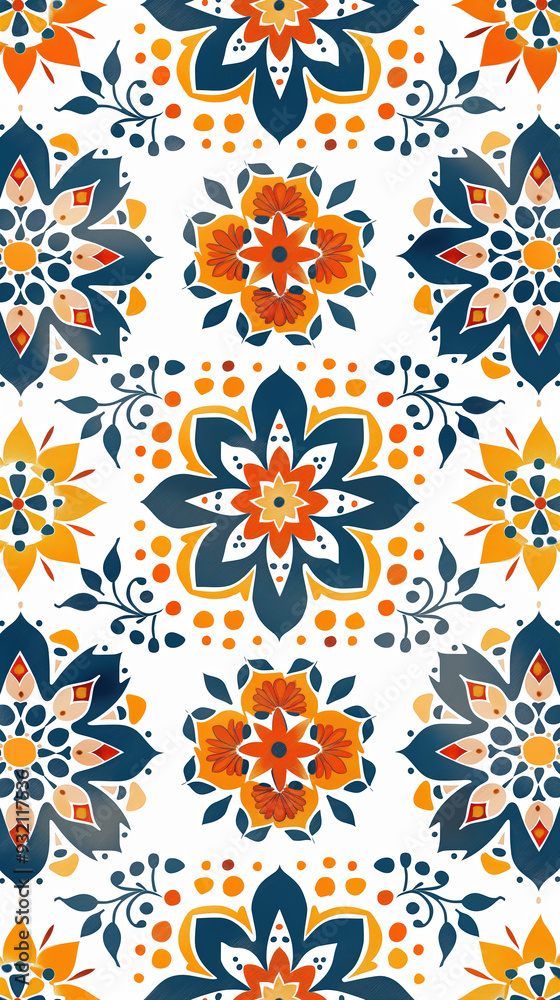 A seamless pattern featuring blue, orange, and yellow floral motifs arranged symmetrically on a white background, creating a vibrant and decorative design. A seamless pattern featuring blue, orange, and yellow floral motifs arranged symmetrically on a white background, creating a vibrant and decorative design.