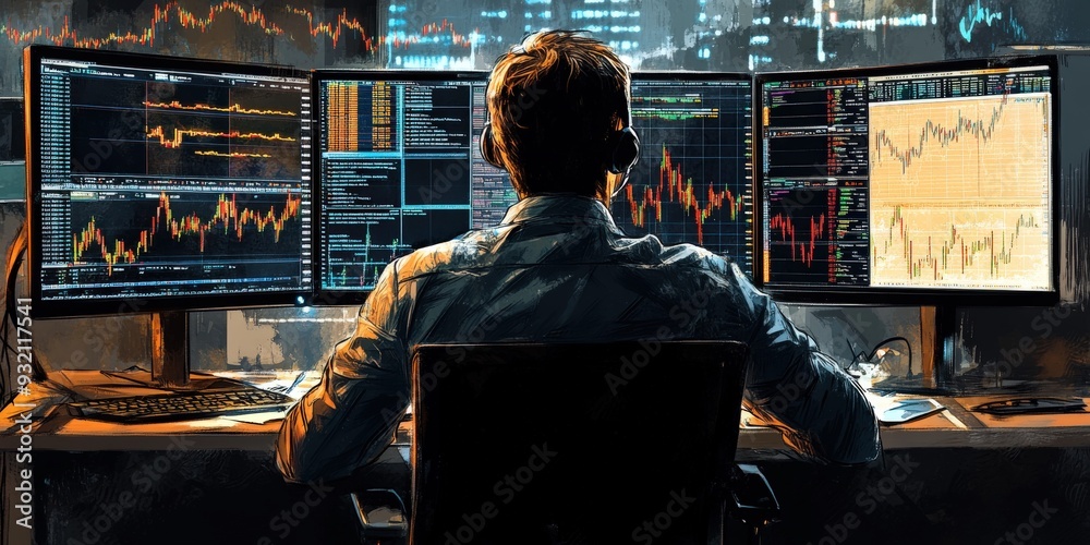 Fototapeta premium Trader analyzing market data in a modern office at night