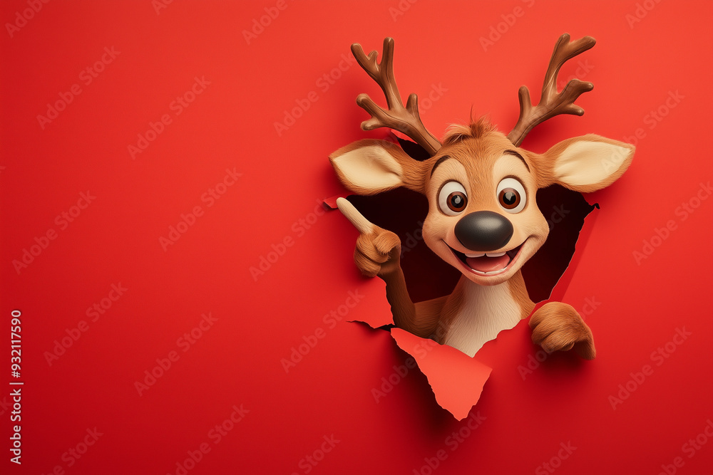 Rentier mit roter Nase streckt den Kopf durch ein Loch in einer roten Papierwand Rentier mit roter Nase streckt den Kopf durch ein Loch in einer roten Papierwand