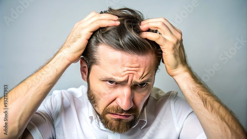 Frustrated man scratches his irritated scalp, revealing flaky skin and redness, conveying discomfort and annoyance due to severe dandruff or skin allergies. photo