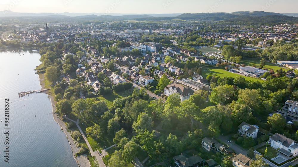 Fototapeta premium Panoramic top view across the Bodensee Radolfszell village area