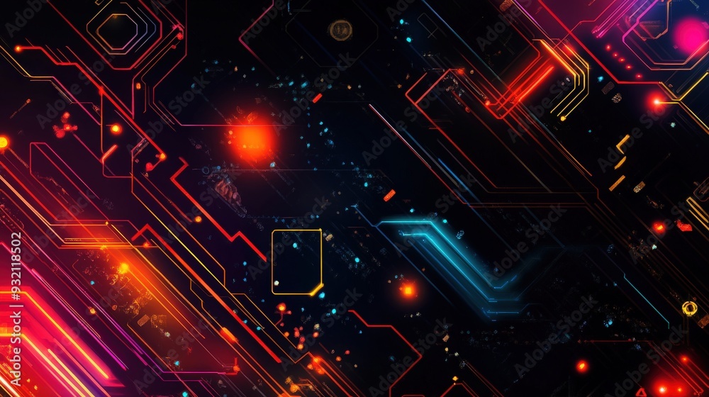 Futuristic digital circuit design featuring vibrant colors and patterns Futuristic digital circuit design featuring vibrant colors and patterns