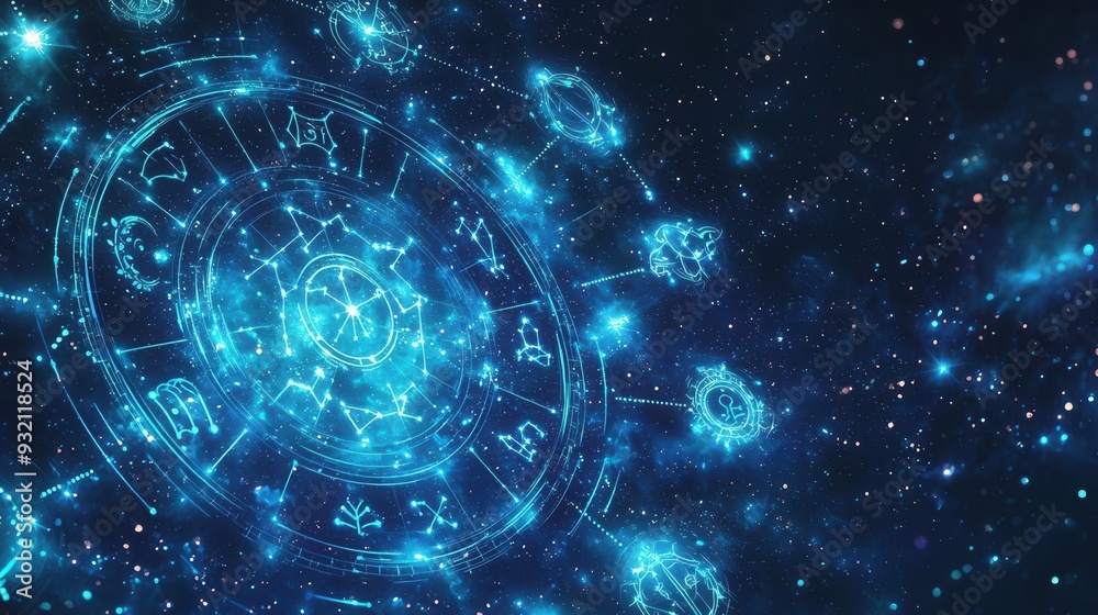 Naklejka premium Mysterious night sky with glowing zodiac signs