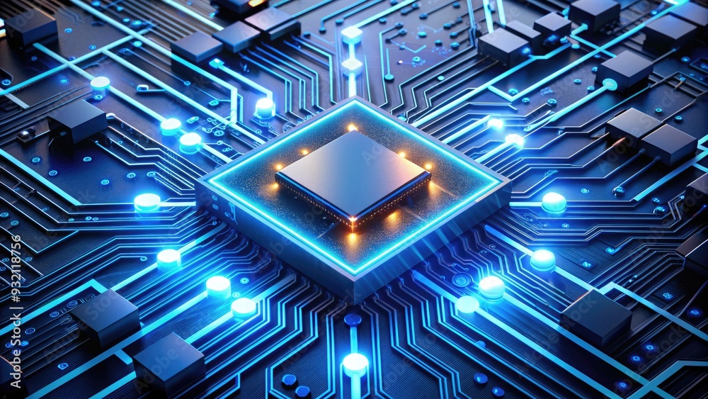 Futuristic circuit board with glowing blue microchips and wires ...