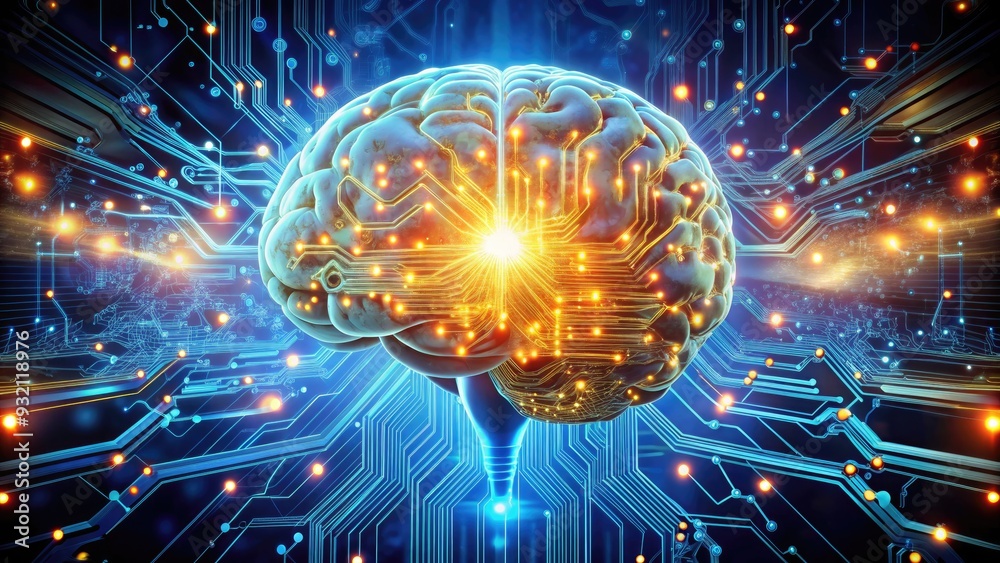Futuristic illustration of a human brain merged with glowing circuitry ...