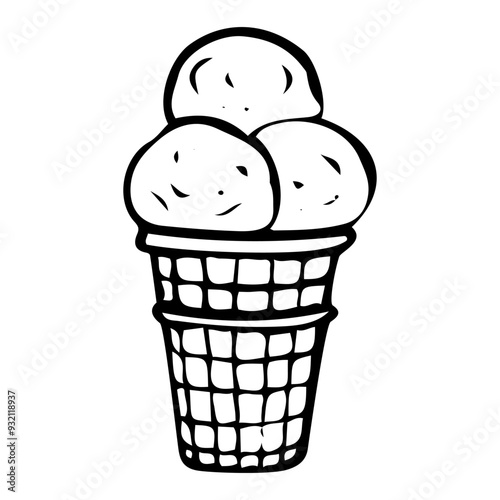 Ice cream in waffle cone hand drawn doodle. Summer cold dessert. Soft chilled cream. Street dairy food. Sweet snack. Culinary product. Vector sketch line art illustration.