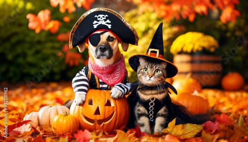A dog and a cat are dressed up in costumes and sitting on a pile of leaves. The dog is wearing a pirate costume and the cat is wearing a witch's hat. The scene has a playful and festive mood