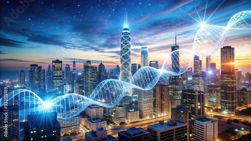 Futuristic virtual DNA helix symbol overlaid on majestic Chicago cityscape, blending genomic research and urban architecture, representing cutting-edge biotechnology and innovation. photo