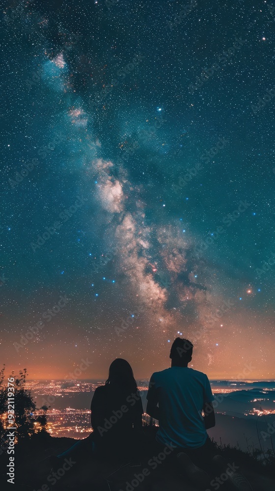 A couple sits on a hilltop, captivated by the stunning Milky Way and the evening's vibrant colors A couple sits on a hilltop, captivated by the stunning Milky Way and the evening's vibrant colors