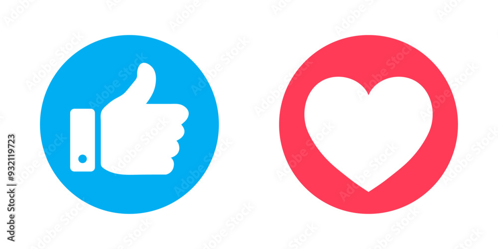 Thumbs up and heart vector icon set in blue and red color. Like and love heart icon button. Vector illustration. Vector illustration. Thumbs up and heart vector icon set in blue and red color. Like and love heart icon button. Vector illustration. Vector illustration.