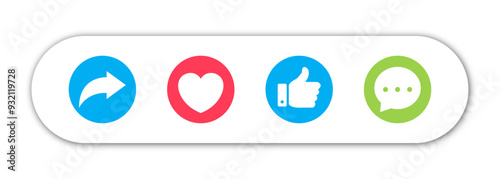 Social media vector icon set. Like button, thumb up , love and heart, comment, repost and share icon button. Vector illustration.