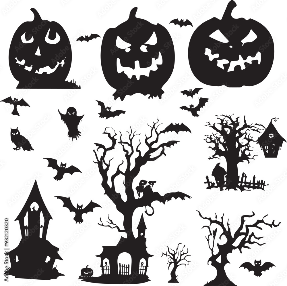 Collection of Halloween silhouettes. Haunted house, creepy tree, flying witch, pumpkins, halloween ghost, owl, coffin lid