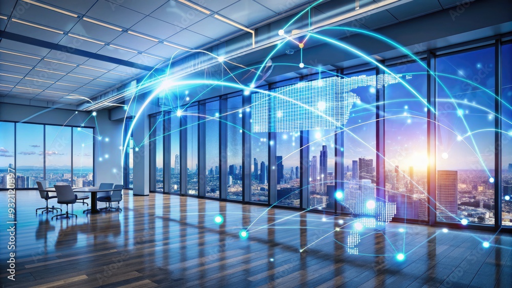 Global financial data streams across an empty office, highlighting connections and computing power in a vibrant, futuristic digital illustration of business and commerce. Global financial data streams across an empty office, highlighting connections and computing power in a vibrant, futuristic digital illustration of business and commerce.