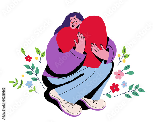 Young woman hugging a love heart. Self care, harmony, body positive, love yourself concept