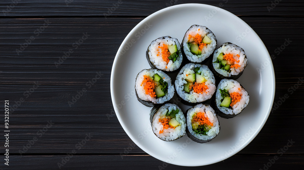 Delicious vegetarian sushi rolls with vegetables on white plate resting on dark wooden table