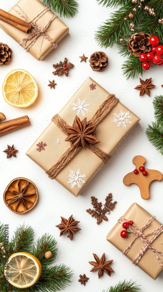 A beautifully arranged flat lay featuring gift wrapped in beige fabric surrounded by wooden decorations, dried orange slices, and pine cones for a festive touch