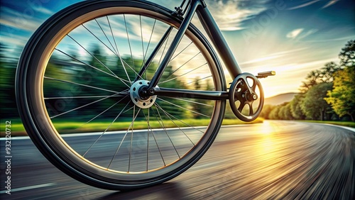 Glossy black road bike wheel with high-tech spokes and sleek hub, rotating dynamically in motion, focused against a blurred outdoor background of asphalt road. photo