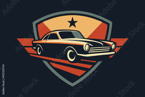 create a striking logo for a rock band, The logo should evoke nostalgia and classic rock by featuring a car from the 60s or 70s. The windshield should be the focal point