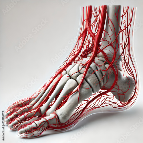Detail human foot anatomy: emphasizing vascular and tendinous structures, medical, focusing on circulatory and musculoskeletal systems for educational purposes, realistic, blood vessels and tendons.