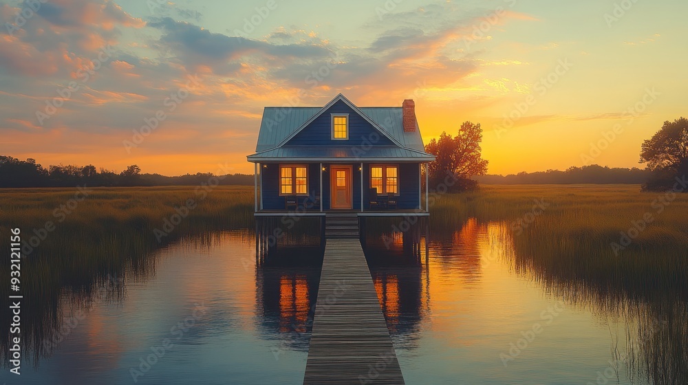 Fototapeta premium Lakefront Cottage at Sunset