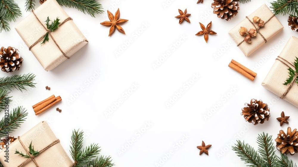A beautifully arranged flat lay featuring gift wrapped in beige fabric surrounded by wooden decorations, dried orange slices, and pine cones for a festive touch A beautifully arranged flat lay featuring gift wrapped in beige fabric surrounded by wooden decorations, dried orange slices, and pine cones for a festive touch
