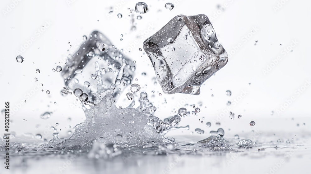 Ice Cubes Falling into Water, Food and Beverage Marketing Backdrop, Drinks Cocktails Business Background Concept, Splashing Liquid Isolated on White Background Ice Cubes Falling into Water, Food and Beverage Marketing Backdrop, Drinks Cocktails Business Background Concept, Splashing Liquid Isolated on White Background