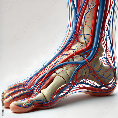 Detail human foot anatomy: emphasizing vascular and tendinous structures, medical, focusing on circulatory and musculoskeletal systems for educational purposes, realistic, blood vessels and tendons.