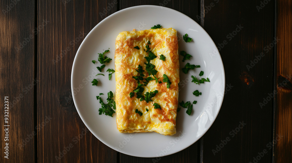 Delicious omelette with parsley on white plate over wooden table for healthy breakfast