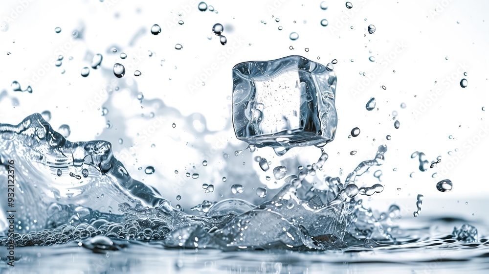 Ice Cubes Falling into Water, Food and Beverage Marketing Backdrop, Drinks Cocktails Business Background Concept, Splashing Liquid Isolated on White Background Ice Cubes Falling into Water, Food and Beverage Marketing Backdrop, Drinks Cocktails Business Background Concept, Splashing Liquid Isolated on White Background