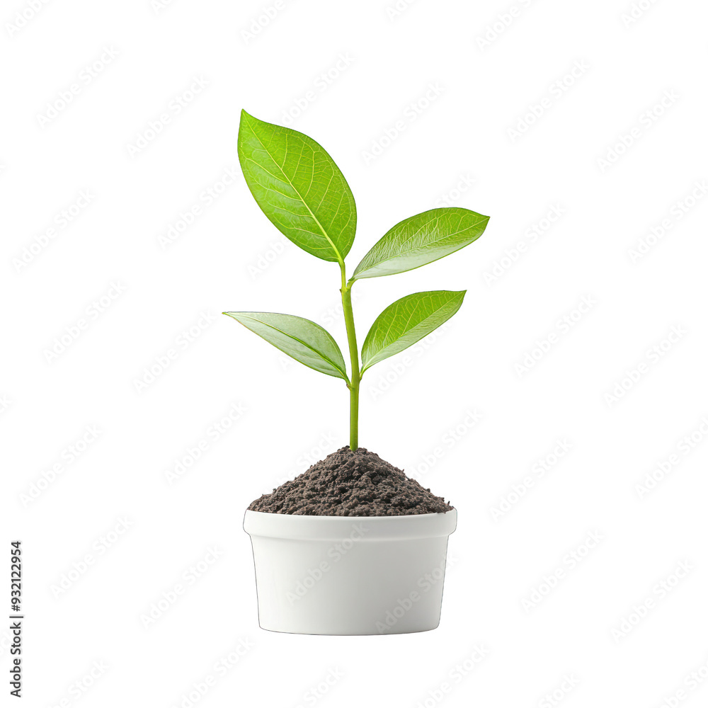 A fresh green plant emerging from soil in a white pot, symbolizing growth, renewal, and the beauty of nature. transparent background A fresh green plant emerging from soil in a white pot, symbolizing growth, renewal, and the beauty of nature. transparent background