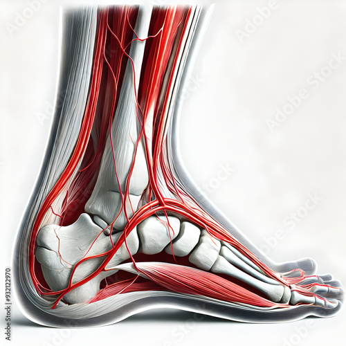 Detail human foot anatomy: emphasizing vascular and tendinous structures, medical, focusing on circulatory and musculoskeletal systems for educational purposes, realistic, blood vessels and tendons. photo