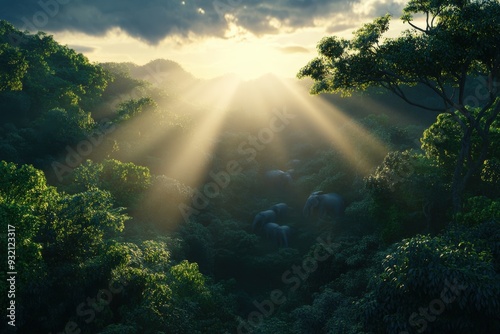 Elephants dwell in a lush, green forest as sunlight pierces through the dense foliage, creating a scene filled with natural beauty and tranquility.