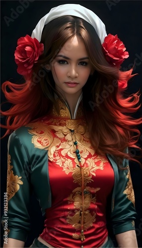 Portrait of an Asian woman in a fashionable outfit at a party in a studio. AI-Generated