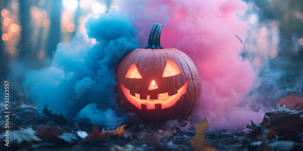 Fototapeta premium A Halloween pumpkin with a candle shining from it is surrounded by vibrant pink and blue smoke.