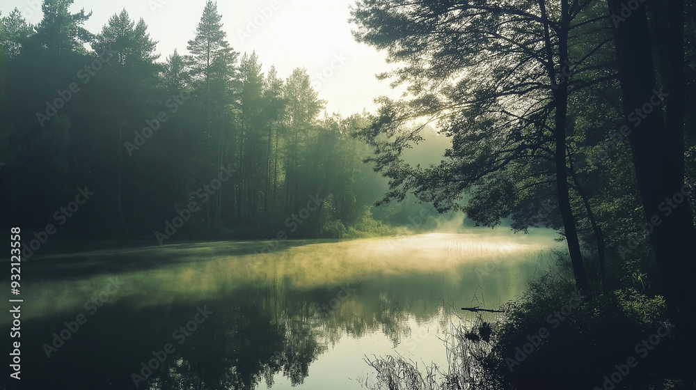 Misty Morning at a Tranquil Forest Lake Misty Morning at a Tranquil Forest Lake