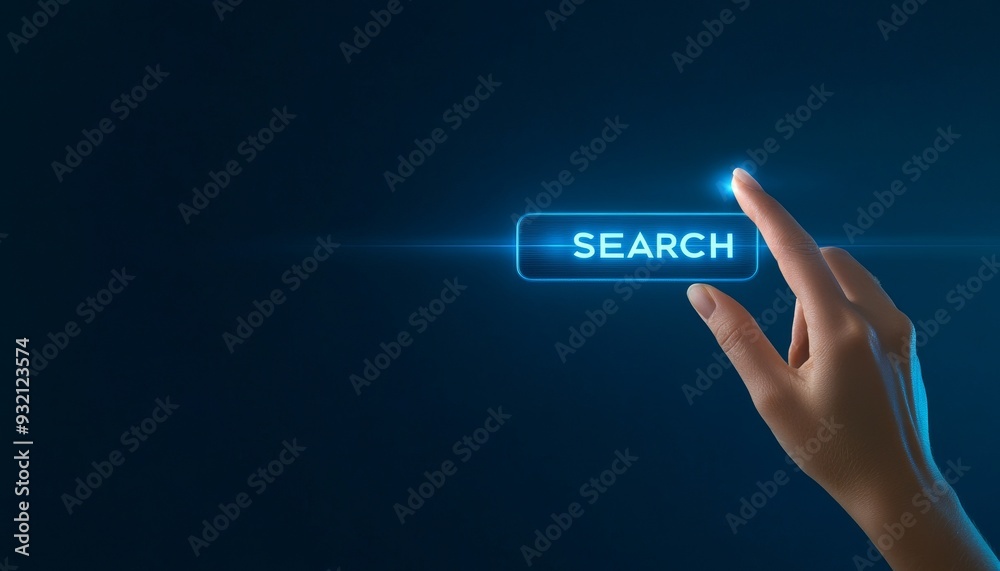 Hand touching illuminated virtual search button on a dark blue background Hand touching illuminated virtual search button on a dark blue background