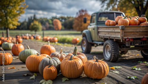 Farm truck loaded with pumpkins in countryside during fall harvest