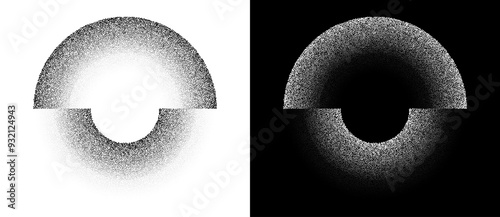 Stipple effect semicircles as icon or background. Abstract vector with random dots as logo or sun concept. Black shape on a white background and the same white shape on the black side.