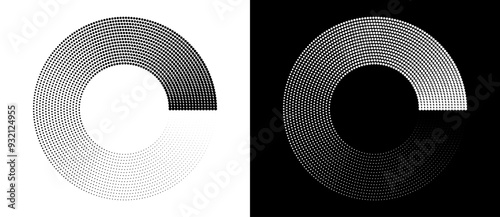 Abstract background with dotted circles. Halftone dots background. Black shapes on a white background and the same white shapes on the black side.