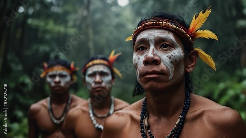 Indigenous Men in Traditional Dress in the Rainforest