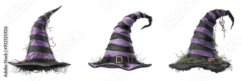 Halloween witch hat decoration with black and purple stripes, isolated on white background photo