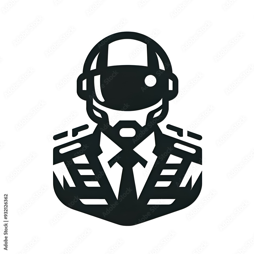 isolated minimalist black and white icon of a stylized figure wearing a helmet and a suit with shoulder epaulets. The figure appears to represent a futuristic or robotic officer or pilot isolated minimalist black and white icon of a stylized figure wearing a helmet and a suit with shoulder epaulets. The figure appears to represent a futuristic or robotic officer or pilot