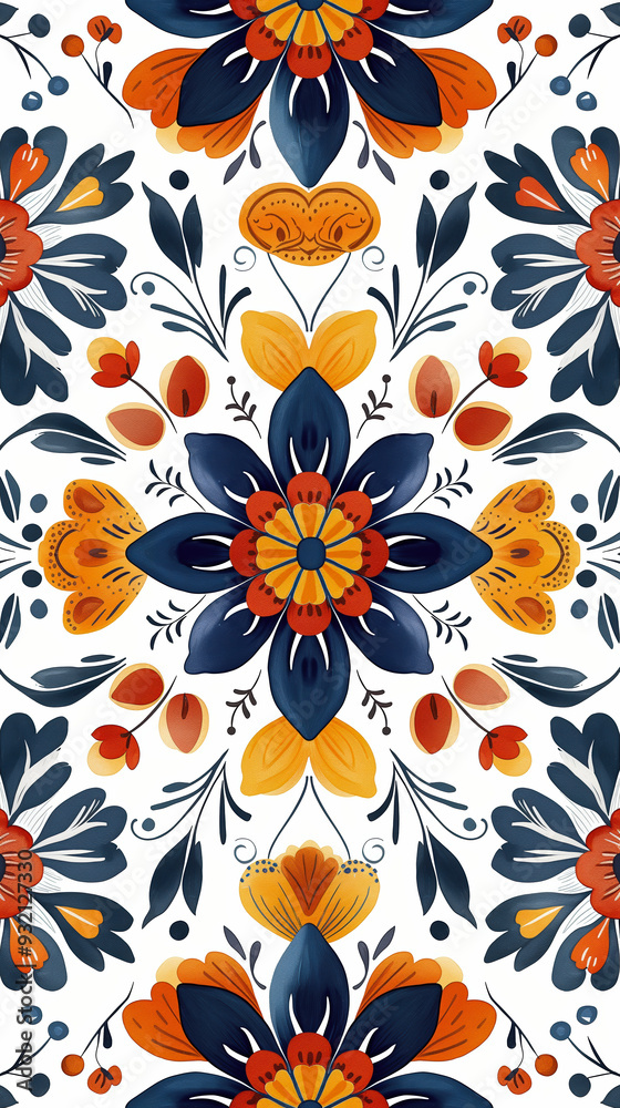 A vibrant tile pattern featuring intricate floral designs in orange, blue, and red hues, arranged symmetrically to create an eye-catching decorative motif for home decor or backgrounds. A vibrant tile pattern featuring intricate floral designs in orange, blue, and red hues, arranged symmetrically to create an eye-catching decorative motif for home decor or backgrounds.