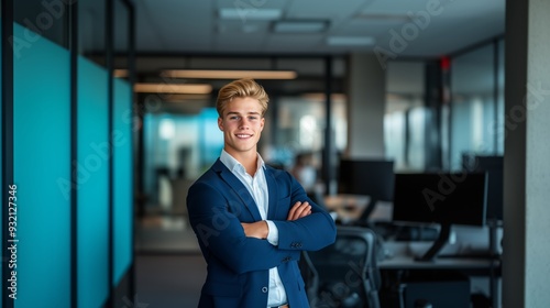 Wallpaper Mural A confident young business executive, smiling with arms crossed, standing in a professional office environment, with a modern desk and computer setup in the background.  Torontodigital.ca