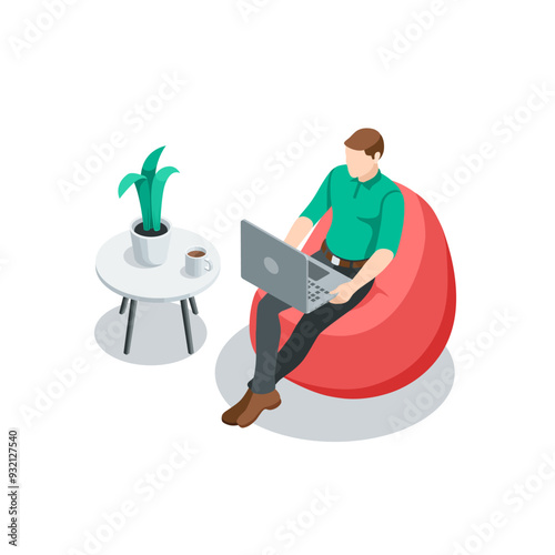 isometric vector man with a laptop sitting in a beanbag chair, in color on a white background, working in a comfortable environment remotely or internet communication