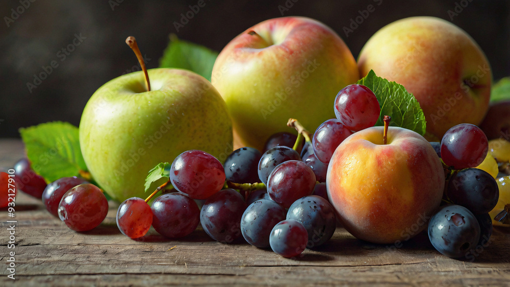 close up of apple and grape fruits close up of apple and grape fruits