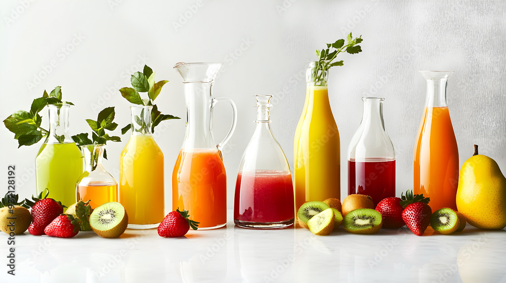 Assorted fresh fruit juices in glass bottles with kiwi, strawberries, and pears arranged on a white surface Assorted fresh fruit juices in glass bottles with kiwi, strawberries, and pears arranged on a white surface