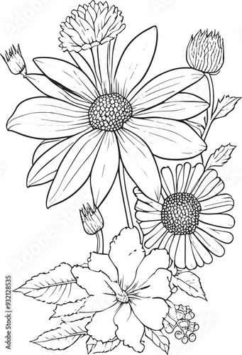 Flower coloring page, hand drown a vintage for adult