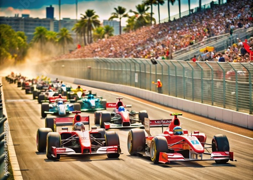 High-speed Formula One racing action unfolds at the Miami Autodrome as sleek cars zoom through Pit Lane and Grid Lane during the Sprint event. photo