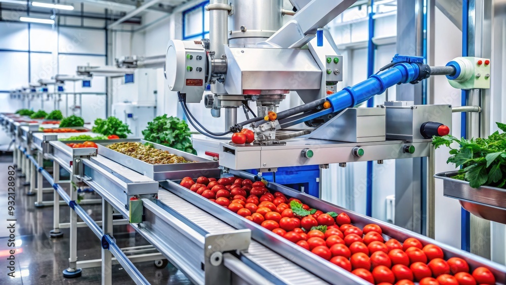 High-tech robotic arm precisely assembles fresh ingredients on a conveyor belt in a modern, sterile food manufacturing facility, showcasing efficient production and quality control.